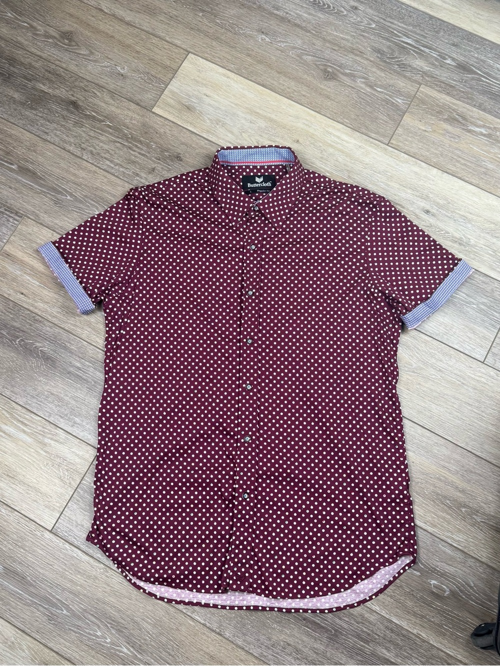 Butter Cloth Mens Large Burgundy Polka Dot Short-Sleeve Button Down Shirt